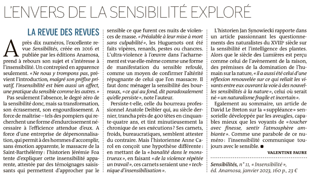 Dans <a href="/lemondefr/">Le Monde</a> un magnifique article de <a href="/FaureValentine/">Valentine Faure</a>  consacré à "Insensibilités", le 11e n° de la revue Sensibilités ! Merci ! #revue #shs #sensibilites #insensibilites