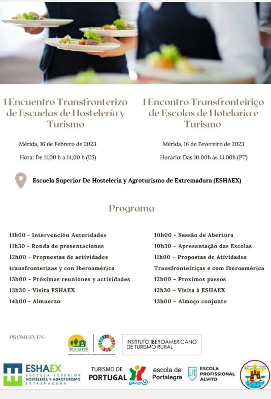 InstitutoIbero2's tweet photo. La Escuela Superior de Hostelería y Agroturismo de Extremadura será sede del Primer Encuentro Transfronterizo de Escuelas de Hostelería y Turismo.
La cita es en #Mérida en la #ESHAEX el 16 de febrero de 11:00 a 14:00 h.
#NoFaltes
#IBEROATUR
#TurismoRural
#Mérida
#Portugal https://t.co/F1DeiknPhT