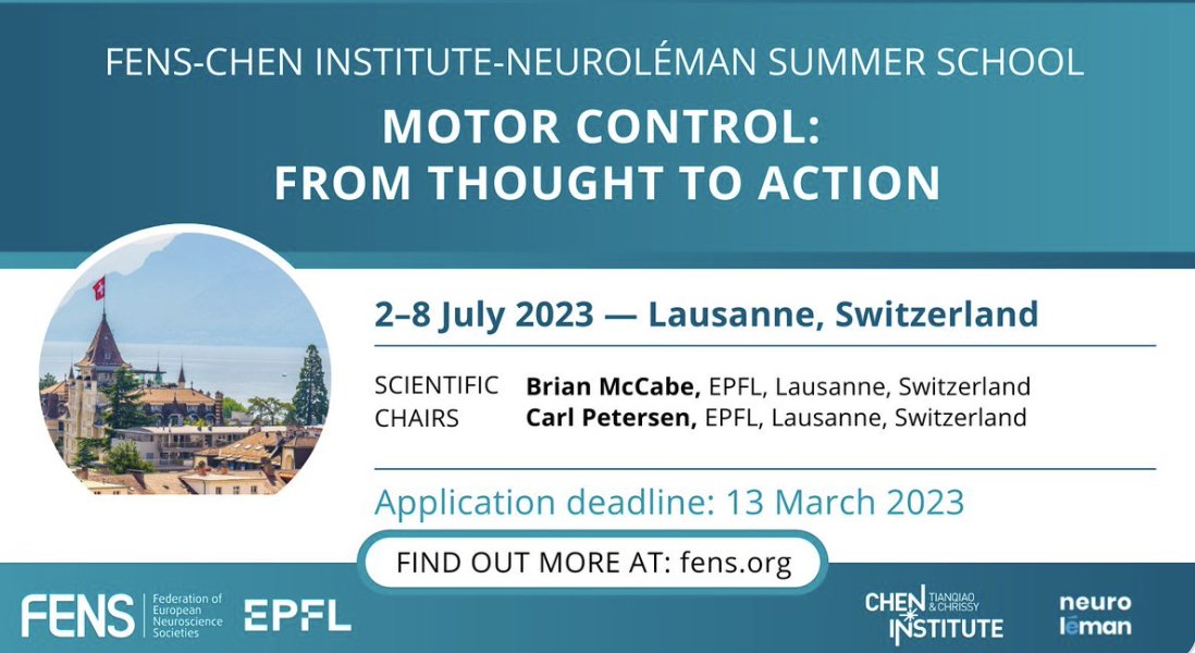 Junior fellows: sign up for the 2023 MOTOR CONTROL school <a href="/EPFL/">EPFL</a>! Amazing opportunity for training &amp; vibrant discussions with S Arber, <a href="/gcourtine/">G Courtine</a> <a href="/TrackingActions/">Mackenzie Mathis, PhD</a>  @CristinWelle, <a href="/briandmccabe/">Brian D. McCabe</a>, <a href="/EPFL_Petersen/">Carl Petersen</a>, <a href="/ramdya/">Pavan Ramdya</a> &amp; <a href="/wyartlab/">Wyart Lab</a> ! excited to be part of this <a href="/FENSorg/">FENS</a>  initiative🐬