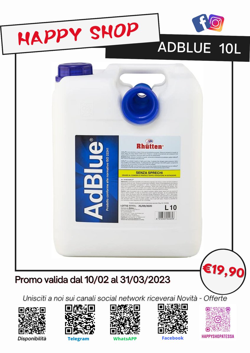 HAPPYSH71344764's tweet photo. Rhütten, AdBlue per Motori Diesel, Additivo di Sintesi a Base di Urea, Preserva l'Andamento dei componenti del SCR, Blocca l’Accumulo delle Impurità nel Catalizzatore, Dotato di Tappo Versatore, 10L https://t.co/NJoD1lov4j