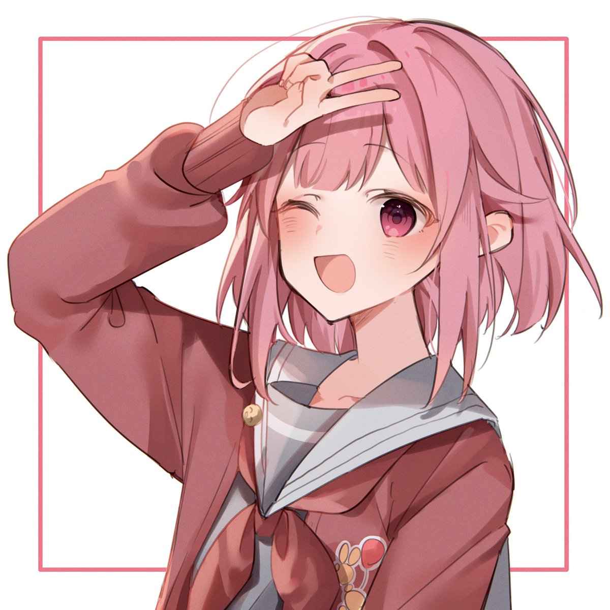 1girl pink hair one eye closed school uniform solo pink eyes smile  illustration images