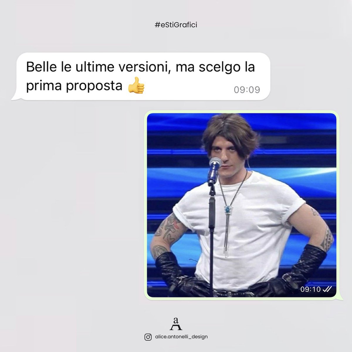 Quando, dopo settordici proposte, il cliente sceglie la prima 🤡

#marketingitalia #sanremo #sanremo2023 #festivaldisanremo #estigrafici #vitadagrafico #socialmediamanageritalia #rkomi #graphicdesigner #clienti #memechat #memeitalia  #freelanceitalia #aliceantonelli_design