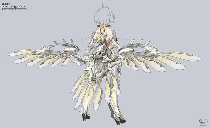 (フル装備の背面)このゲームの企画書を読んだら、UEを使って3Dアクションゲームで、全キャラの装備は鳥モチーフの腰から生えた翼のSF/メカ娘だと分かりました。しかも百合の味が強いでした。色々すごい好みに刺さりましたので、サービス開始/発売になったら絶対プレイすると即時決めました。 