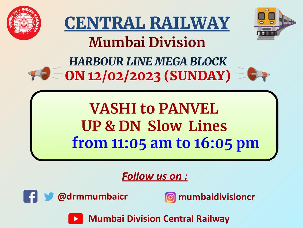drmmumbaicr's tweet image. 📢𝗠𝗘𝗚𝗔 𝗕𝗟𝗢𝗖𝗞 𝗢𝗡 𝗗𝗔𝗧𝗘 𝟏𝟐/𝟎𝟐/𝟐𝟎𝟐𝟑 (𝗦𝗨𝗡𝗗𝗔𝗬)🚊
#megablock #sundayblock #sunday #mumbai #centralrailway 
@Central_Railway @YatriRailways