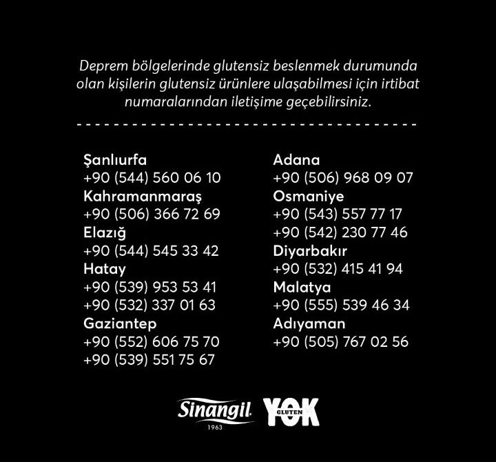 Sinangil firması deprem bölgesinde glutensiz beslenmek durumunda olan kişilerin ücretsiz ürün temin etmek üzere ulaşabileceği telefon numaralarını paylaştı.
Telefon imkanı olmayan fakat tanıdığınız/bildiğiniz kişilere destek olmak amacıyla kullanabilirsiniz.
<a href="/SinangilUnlari/">Sinangil</a>