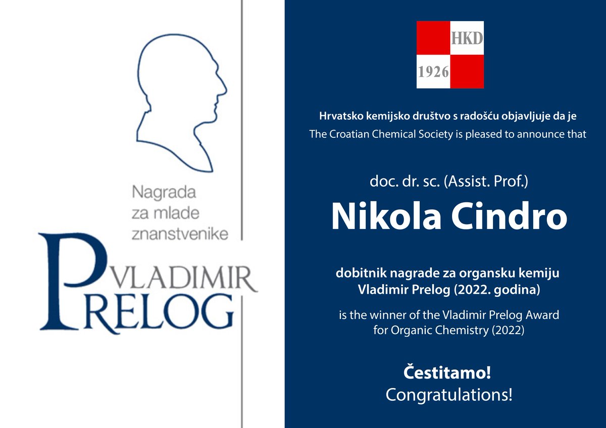 Nikola Cindro, Assoc. Prof. is the winner of Vladimir Prelog Award for Organic Chemistry (2022)! Congratulations to our colleague! Learn more about the reward at hkd.hr.