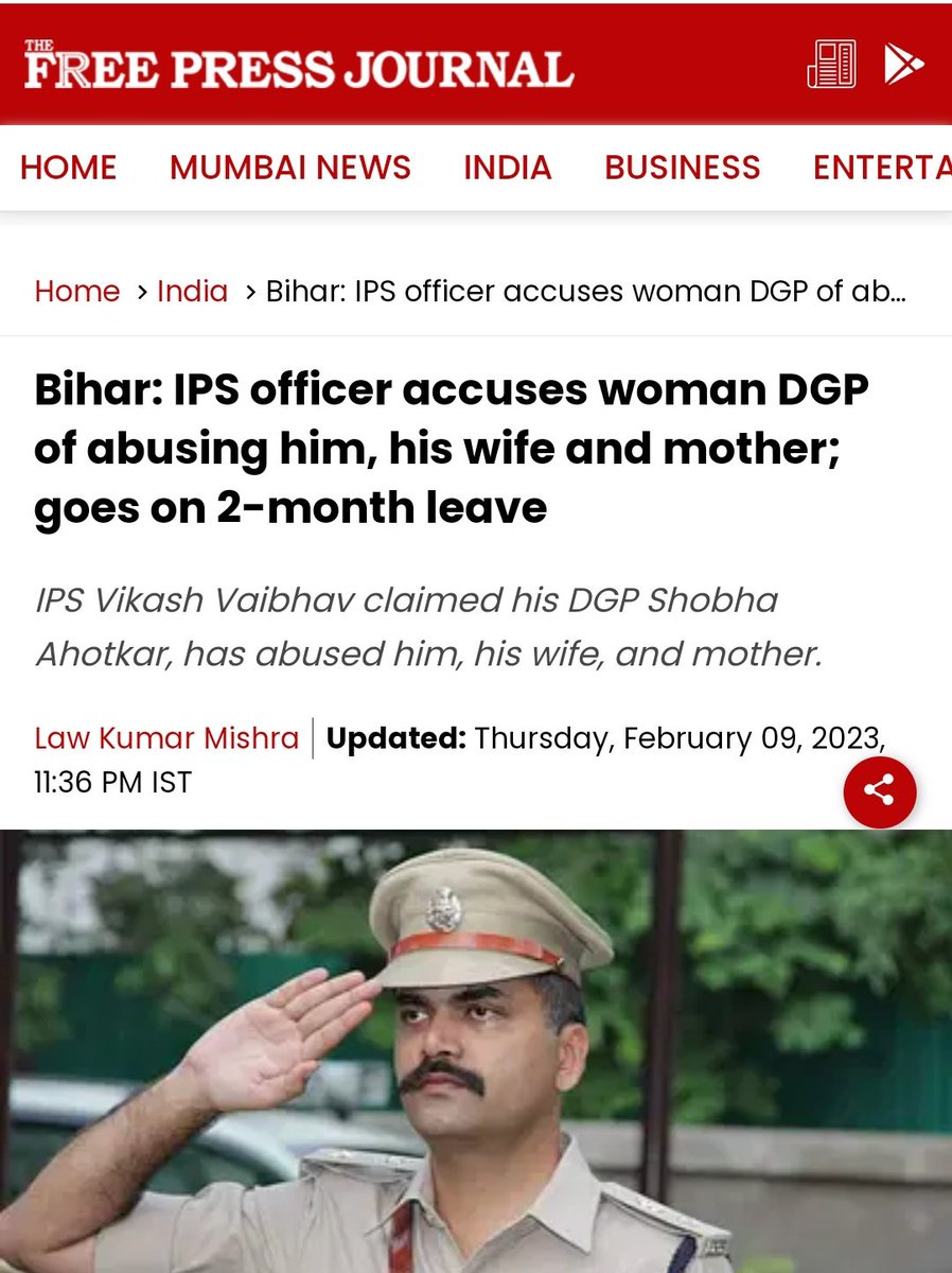 Sir,  himself was a champion of #WomanEmpowerment &amp; #Feminism.

First time he has tasted Result of Feminism  😬

Proud of you 

<a href="/IASassociation/">IAS Association</a> <a href="/DCsofIndia/">District Collectors (IAS)</a>
<a href="/IPS_Association/">IPS Association</a> 

#HelpMeMyNation 
<a href="/MyNation_net/">MyNation Foundation</a>

freepressjournal.in/india/bihar-ip…