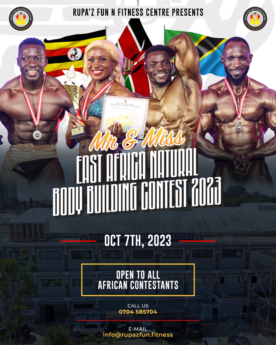 RupazFitness's tweet photo. The first one was so good, we had to give it a second run.
Ladies and gentlemen, brace yourselves for Mr and Miss East Africa Natural Body Building Contest 2023 set for 7th October ‼️
#bodybuildingcontest #bodybuildingchampions #rupazfunnfitnesscentre #rupasmall #Eldoret https://t.co/VTMdtO6kmu