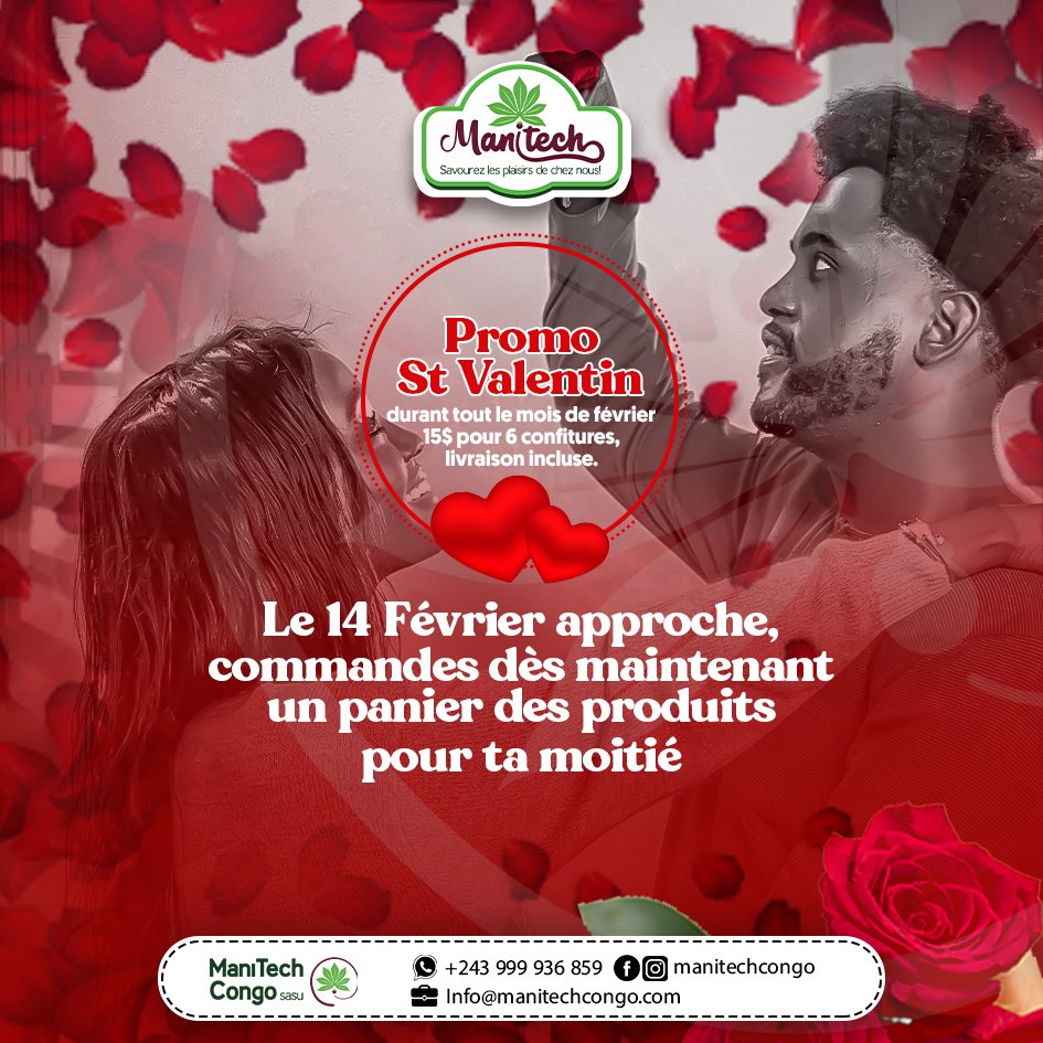 MANITECHCongo's tweet photo. La St Valentin se fête chaque jour pendant le mois de février. 

Faites plaisir à votre moitié avec cette offre: 6 produits + livraison+ sac Manitech a seulement 15$!!! 

Cette offre exprime notre profond amour pour vous. 

#valentineday  #loveintheair #manitechlove https://t.co/UXPBo8ZE2V