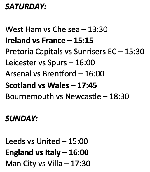 NBarns's tweet photo. The weekend line-up is here 👏

All eyes on Ireland vs France in the @SixNationsRugby 🏉

Merseyside derby on Monday in the @premierleague ⚽️

@SA20_League Final 🏏

🚨Reminder SA times +1 hour

#WelcomeToYourWeekend
#SuperSport
@SuperSportTV https://t.co/vGdS1uQdVw