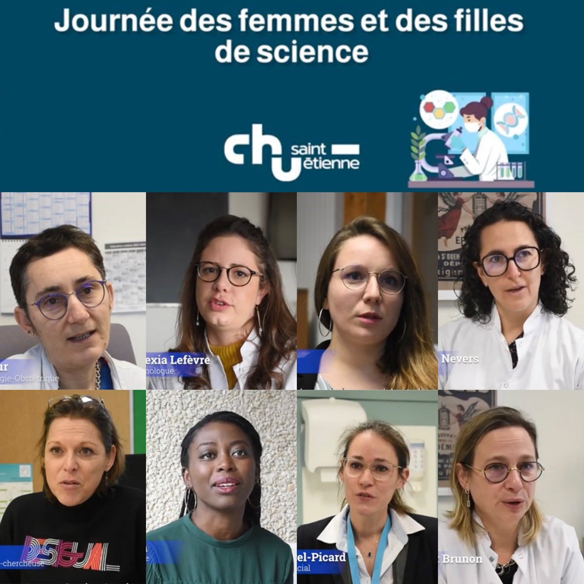 [#WomenScienceDay]
6 portraits pour valoriser l’engagement des femmes et filles de science au @ChuSaintEtienne et à la @Facmedecine_UJM 
🧑🏼‍⚕️👩🏽‍⚕️👩🏽‍🔬👱🏼‍♀️🧑🏻
#femmesdesante
🎥  YouTube @ChuSaintEtienne