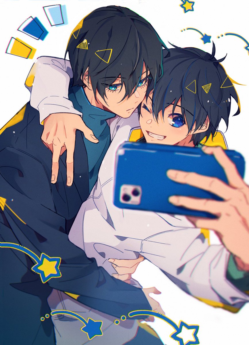 2boys multiple boys male focus blue eyes phone black hair selfie  illustration images