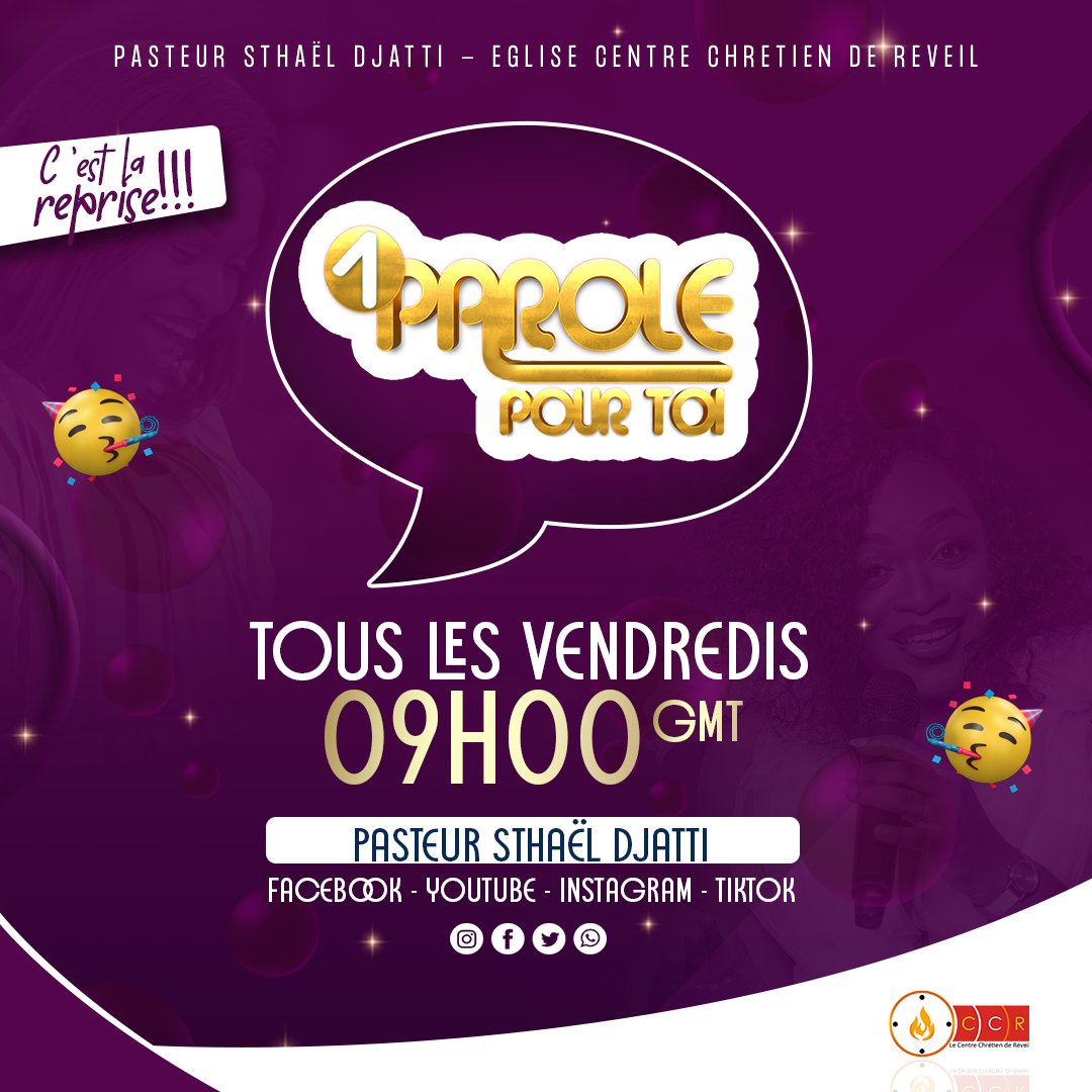 SthaelDjatti's tweet photo. Tous les vendredis à 09H, rendez-vous sur mes différentes pages YouTube, Facebook et Instagram pour une Parole prophétique pour votre vie et pour votre destinée!
#uppt #pasteursthaeldjatti https://t.co/l5EqRe15Qq