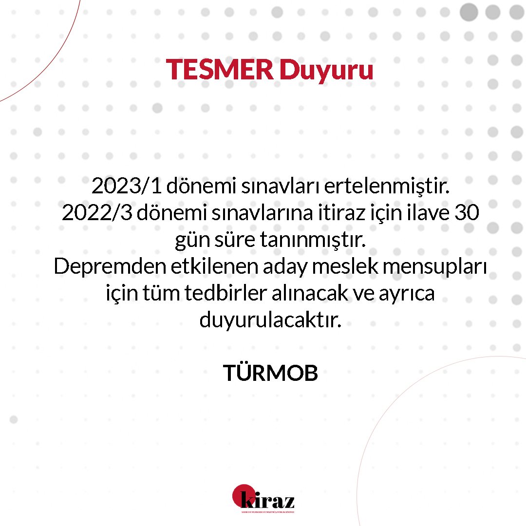 TESMER'in yaptığı duyuruya göre 2023/1 dönemindeki sınavlar ertelenmiştir ve depremden etkilenen adaylar için gerekli tedbirler alınacaktır.

#deprem #deprembölgesi #tesmer #muhasebe #müşavirlik #muhasebeciler #muhasebetr #musavirlik #müşavirler #denetçi