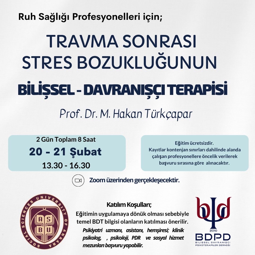 HTurkcapar's tweet photo. 20-21 Şubat’ta profesyonellere dönük travmada Bilişsel Davranışçı terapi başlıklı iki günlük online çalışma grubu yapacağım. Katılım için gerekli kayıt Google forms üzerinden yapılacak olup linki haftaya bu hesaptan paylaşacaktır. @BilisDavranis ⁦@ASBUedu⁩ https://t.co/o8Ob0sowiX