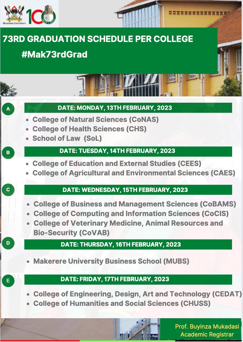 MCFMakerere's tweet photo. The @Makerere Chancellor, Prof. Ezra Suruma will preside over the #Mak73rdGrad Ceremony. Guest of Honour: The First Lady and Minister of @Educ_SportsUg, Hon. Janet K. Museveni is expected on the first day of the graduation ceremony. https://t.co/9DaovYJa8Q