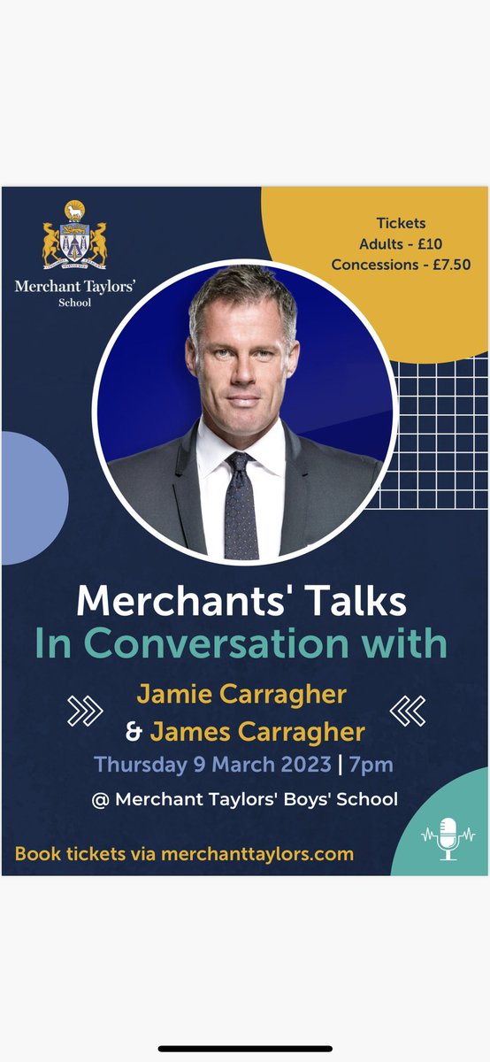 MiddleMtbs's tweet photo. Very excited to welcome @Carra23 to @MerchantsCrosby for our live podcast event. It will be a fascinating insight into Jamie’s career and the lessons he learnt along with way. We are also excited to welcome back Old Crosbeian James. Buy your tickets here https://t.co/GtaAX1Zk9D https://t.co/PVbQbPl4IG