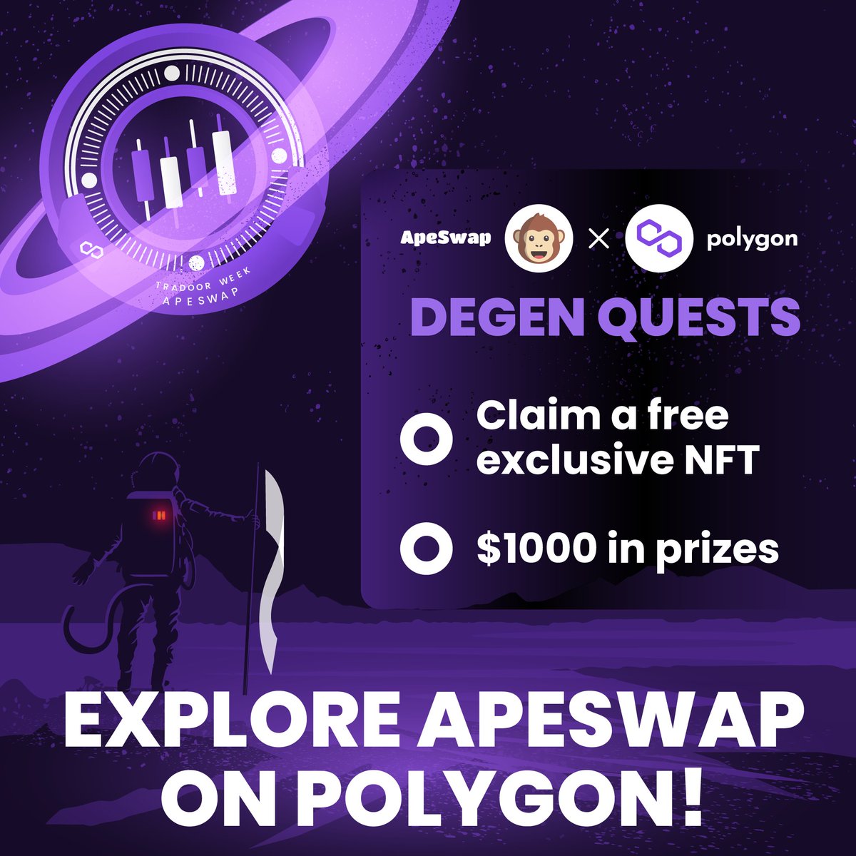ApeBond's tweet photo. You still have time to complete the 🐵 #ApeSwap x @0xPolygon 🟣 Degen Quests! 

Complete them all to win an exclusive NFT 👉 https://t.co/6r5JBckIk2

🎁 + $1000 in $BANANA giveaway https://t.co/DC17dcA8nv