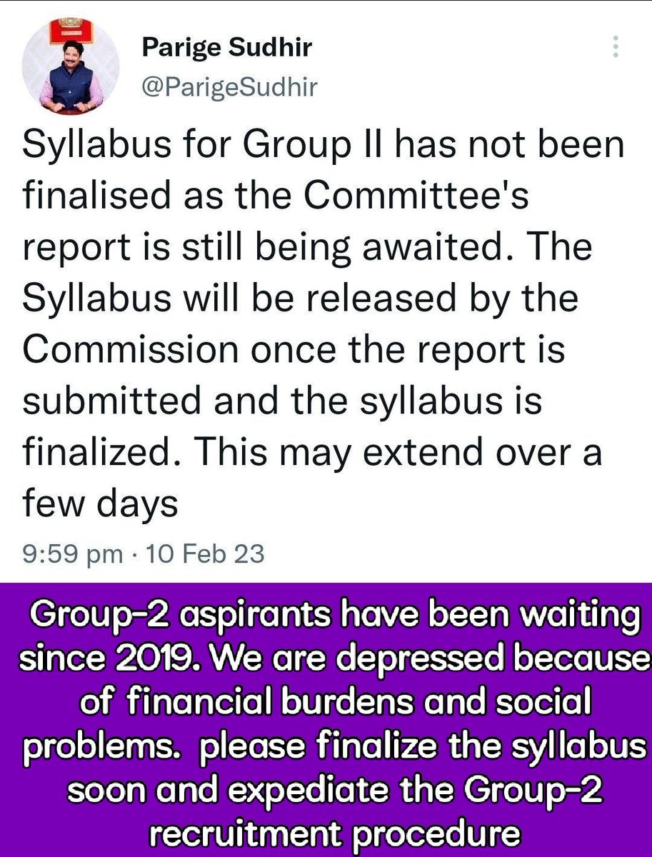 apjobaspirants's tweet photo. Respected @ParigeSudhir sir, the honourable board member &amp; @AndhraPradeshCM ,this is a request from lakhs of Group-2 aspirants "please finalize the syllabus soon &amp; expedite the recruitment." We wish you would understand our financial and social problems of long term preparation https://t.co/ric36UUu17
