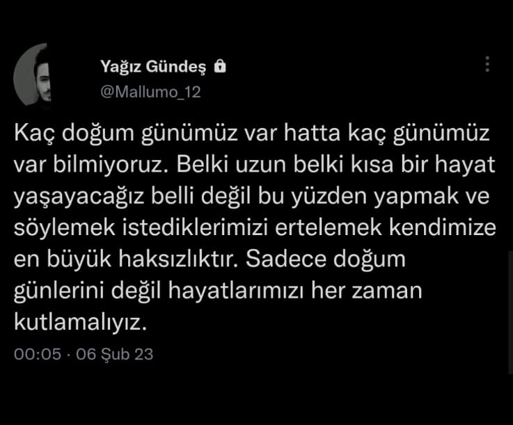 keskinrasit's tweet photo. Depremden saatler önce yazmış. Yağız Gündeş, Adıyaman/Besni'de enkaz altındaymış. Bir umut, kurtarılır inşallah. https://t.co/QOCscHFgse