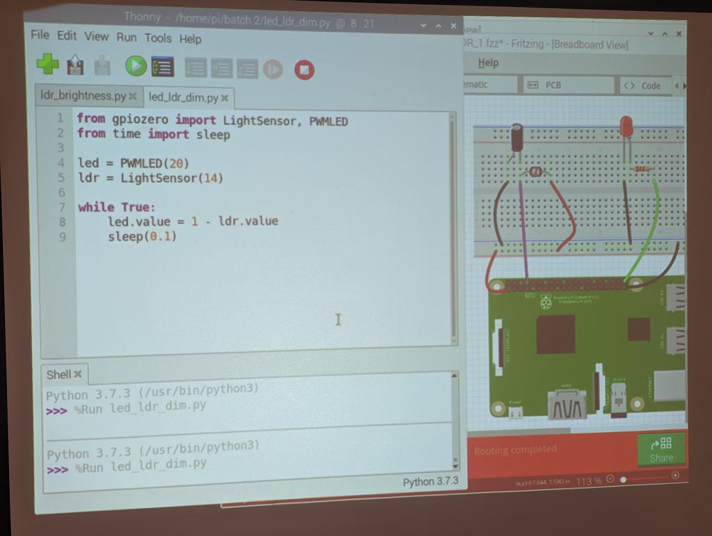 ComputingShed's tweet image. Today we learnt how to dim/brighten an LED according to the amount of light incident on the LDR (Light Sensor) using the gpiozero on @Raspberry_Pi