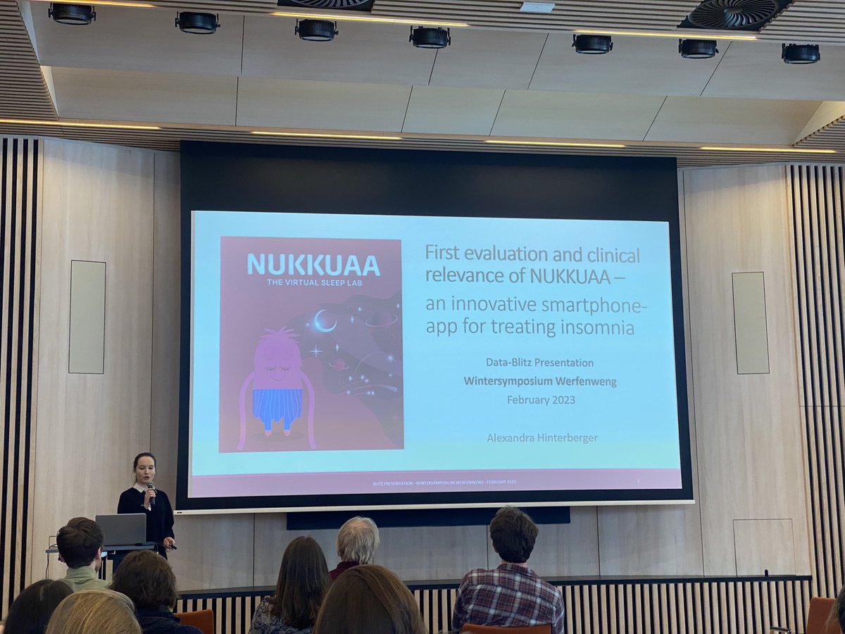 ImagingDk's tweet photo. The Sleep Lab team in Salzburg, PhD student Alexandra Hinterberger and PhD student Pavlos Topalidis @TpPavlos deliver the #Nukkuaa talks introducing the AI behind it as well as the improvement observed in insomnia patients who started using the digital app  #DKwinter #SleepSki https://t.co/a6ww2JqoL9