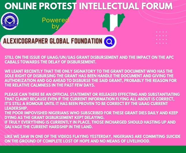 WE ARE CURRENTLY HEARING THAT THE SET MAN HAS BEEN HANDLED THE REQUIRED DOCUMENTS NECESSARY FOR DISBURSEMENT.
CAN THE UAAG LEADERSHIP OR GOVT AUTHENTICATE THIS NEWS FLYING ABOUT IN OTHER TO KNOW THE NEXT LINE OF ACTION.

NIGERIANS SHOULD NOT BE KEPT IN THE DARK NOW.
<a href="/NGRPresident/">Presidency Nigeria</a>