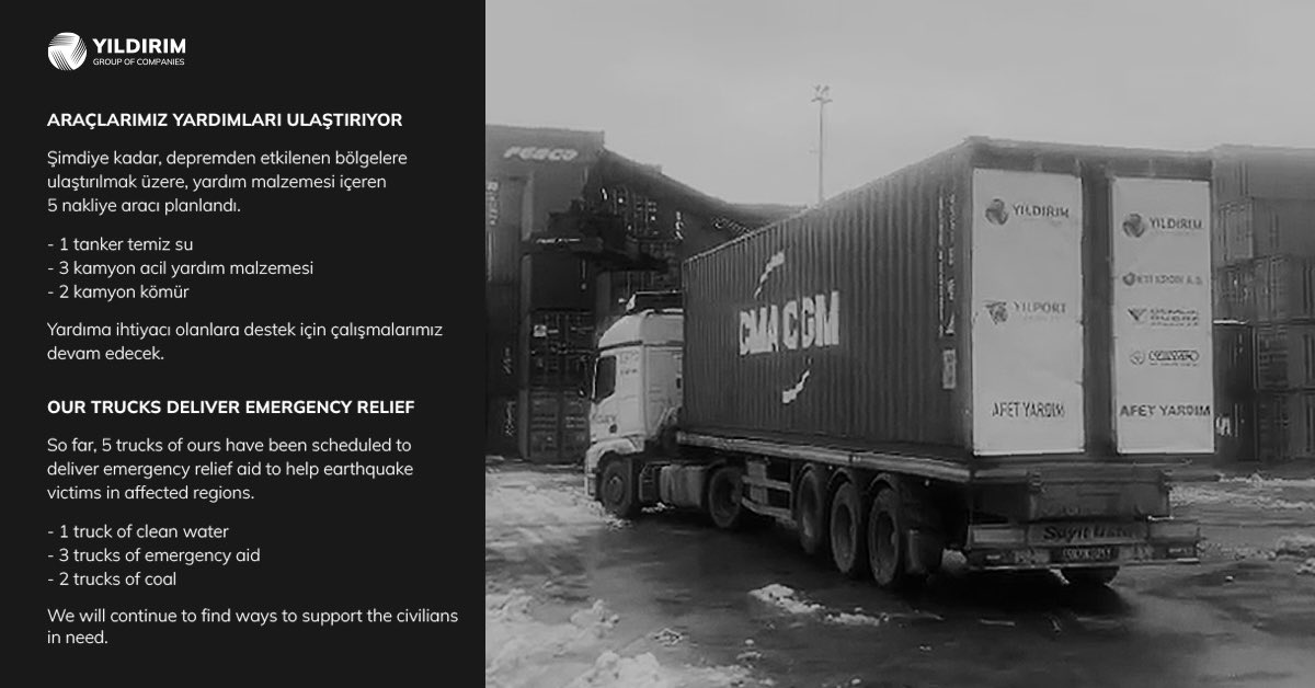 yildirimgroupco's tweet photo. Araçlarımız yardımları ulaştırıyor. Yardıma ihtiyacı olanlara destek için çalışmalarımız devam edecek.

_______

Our trucks deliver emergency relief. We will continue to find ways to support the civilians in need.

#GeçmişOlsunTürkiye #PrayForTurkey https://t.co/1tV84CWROX