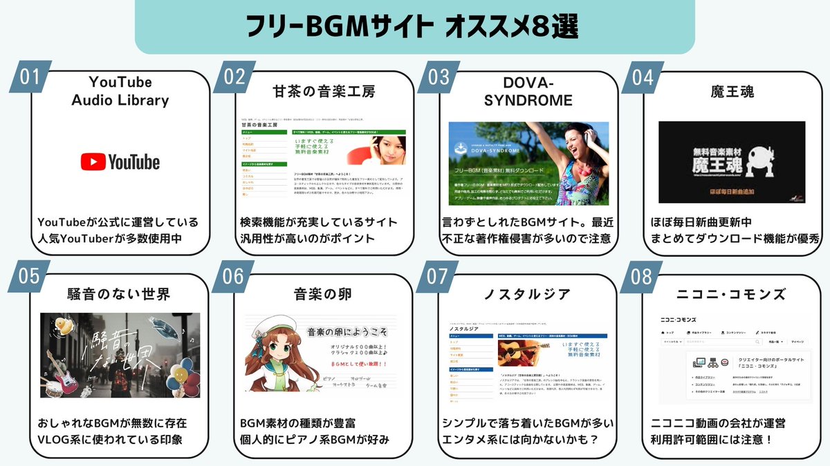 【YouTube運営する上で
　絶対に知っておくべきBGMサイト8選】

知っているだけでBGMの幅が広がり、動画のクオリティーが上がるのでオススメです！