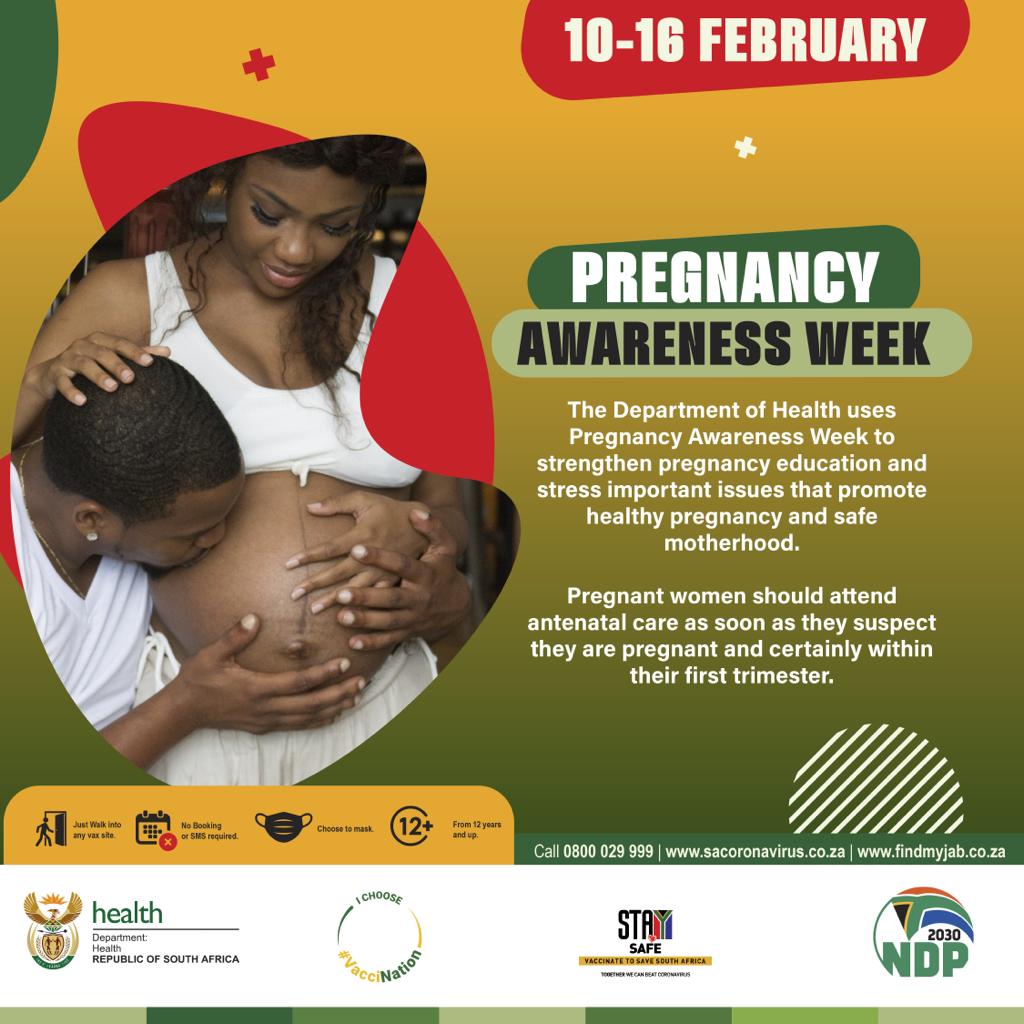 HealthZA's tweet photo. The primary purpose of #PregnancyAwarenessWeek is to strengthen pregnancy education&amp; stress important issues that promote healthy pregnancy and safe motherhood. Pregnant women should attend antenatal care as soon as they suspect they are pregnant and within their first trimester. https://t.co/gEZPIlnIBI