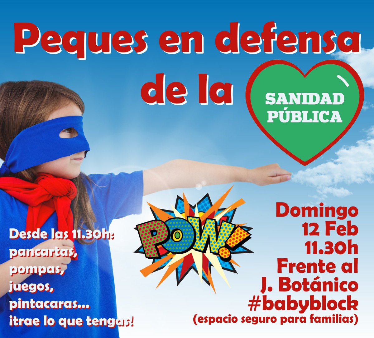 Queremos mejores ciudades para nuestrxs peques y servicios públicos de calidad garantizados. Por eso este domingo nos sumamos a la manifestación en defensa de la #SanidadPública con el #babyblock desde el Prado hasta Cibeles con más peques, música y juegos. Anímate a venir!