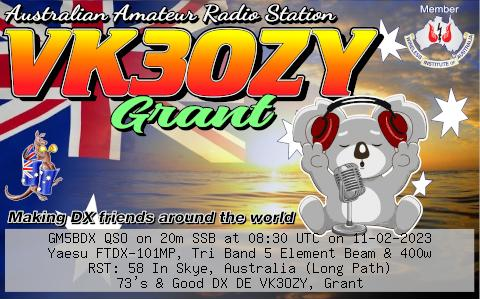 Good conditions into VK this morning. thanks for the QSO * card Grant #VK3OZY