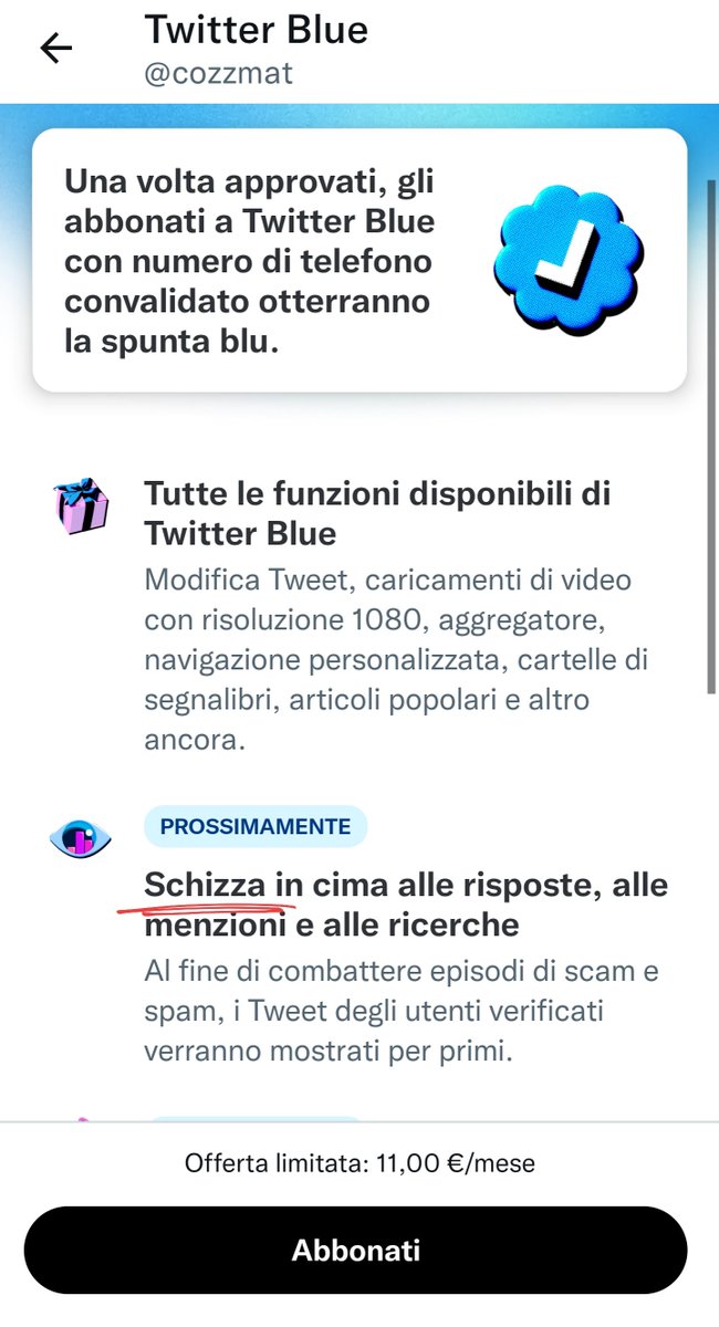 cozzmat's tweet photo. A proposito di #TwitterBlue
Non è tanto per gli 11€ di abbonamento, quanto per il fatto che non ritengo le mie risposte degne di #schizzare in cima...ed è forse anche per questa mentalità che non potrò mai essere un influencer! https://t.co/aiZiejzIiW