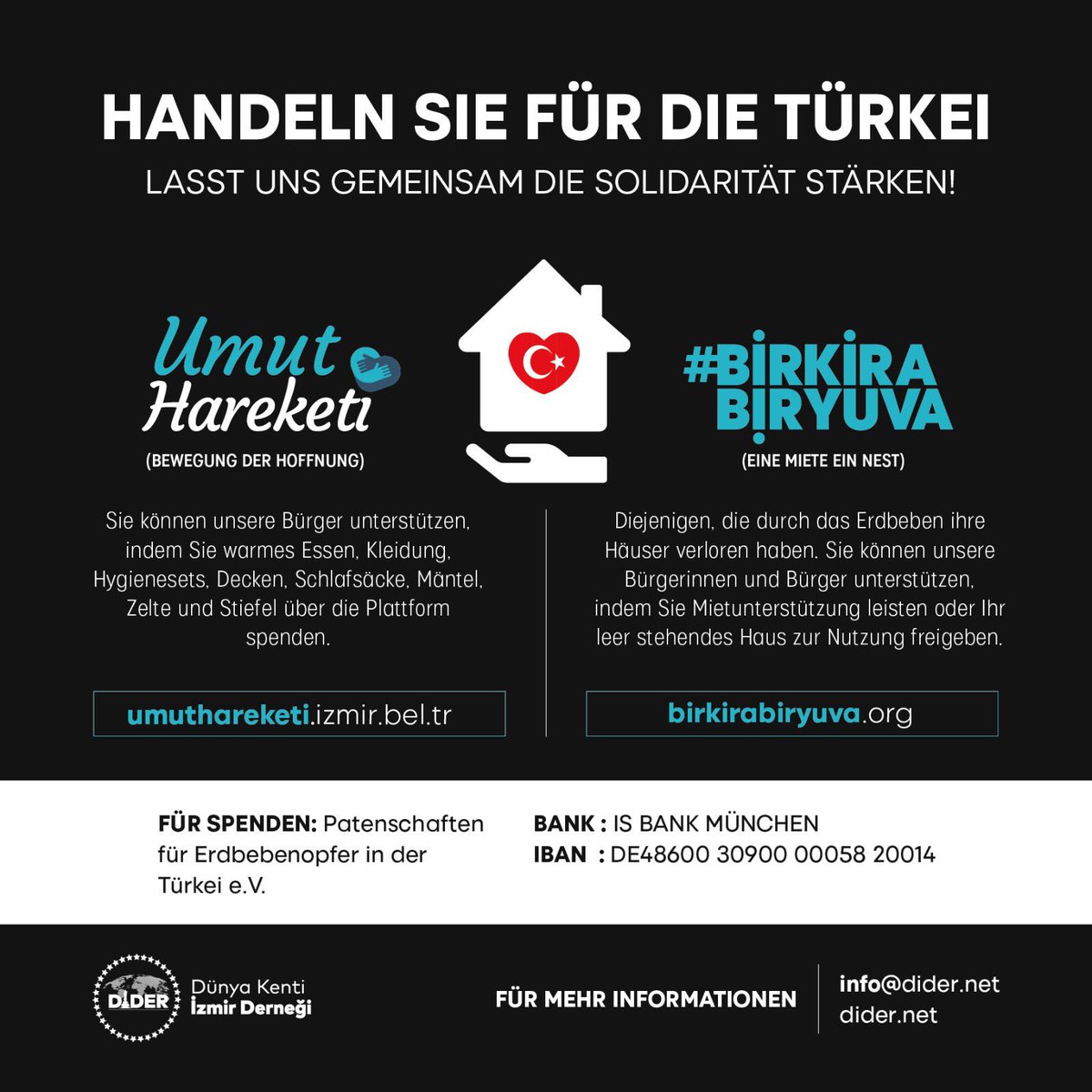 z_senoguz's tweet photo. İzmir Büyükşehir Belediyesi ve İhtiyaç Haritası’nın başlattığı depremzedeler için
"Bir Kira Bir Yuva"
kampanyasına yurt dışından destek olmak isteyenlere ulaştırmak için, görselleri yurt dışında olan çevrenizle paylaşabilir misiniz.👉 https://t.co/xILk1QECVC