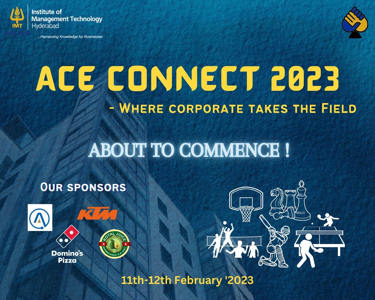 imthyd's tweet photo. "It takes as much energy as it does to plan."
D-Day is finally here!
History is about to be created here at IMT. Ace Connect, the corporate sports event of #IMTHyderabad, is starting today.
#imthyderabad #aceconnect #altius #sports #champions #sportsmanship #celebration https://t.co/TylKOpKDxG