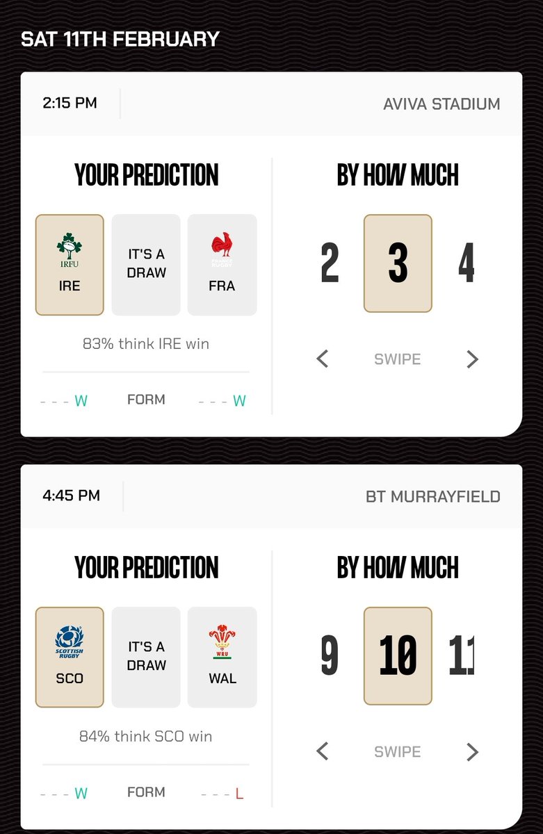 MasterOfNonePod's tweet photo. My #Fanzo predictions for this weekends #SixNations2023 action.
I need a much better week than last week ๐คฃ https://t.co/etXoky8IDr