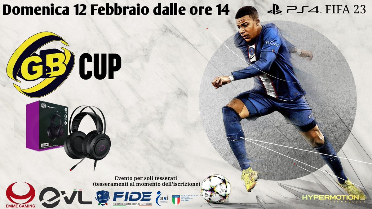 EMME_GAMING_'s tweet photo. #GebCup
Ultime ore per iscriversi al torneo.
Iscriviti al torneo di domenica 12 febbraio dalle ore 14 online su #FIFA23 , modalità Classica, #PS4live 1v1
In palio una Cuffia ch321 Cooler Master by GeB Informatica
Scarica l'app EVL (disponibile nei app store) e iscriviti alla CUP https://t.co/QS1DMdRDkE