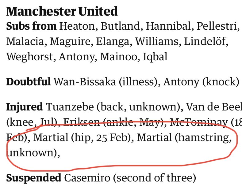 MarkFPWatts's tweet photo. The Guardian are confident Martial won’t feature in the #mufc game against Leeds … https://t.co/14rgtpduik