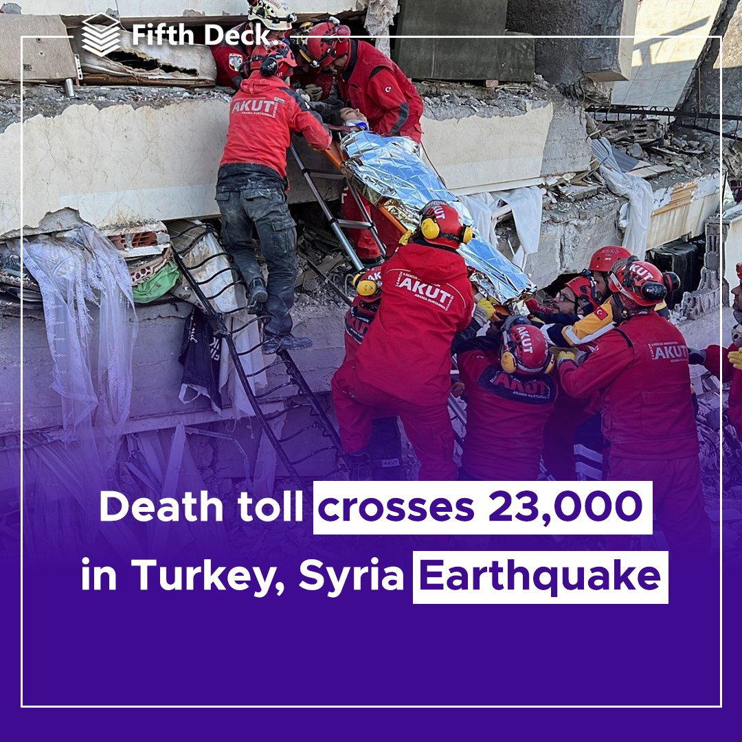 fifth_deck's tweet photo. "Death toll crosses 23,000 in Turkey, Syria Earthquake"
.
.
.
.
.
.
.
.
.
#BreakingNews #NewsUpdate #CurrentEvents #LatestNews #WorldNews  #MediaWatch #DailyNews #NewsDigest #Turkey #Syria #Earthquake #Toll #Disaster #Casualties #ReliefEfforts #HumanitarianAid #NaturalDisaster https://t.co/4dI2EnEZPF