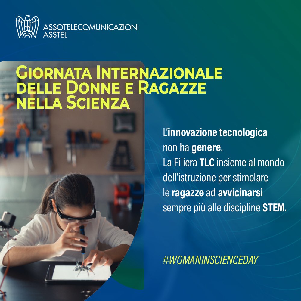 asstel_it's tweet photo. 🔬 #WomanInScienceDay si rinnova l’impegno di #Asstel nel promuovere il messaggio di questa giornata. L’innovazione tecnologica ha bisogno di tutti i talenti. Occorre uno sforzo collettivo per sostenere le carriere scolastiche e professionali femminile in ambito #STEM. https://t.co/9ac9Kq07oM