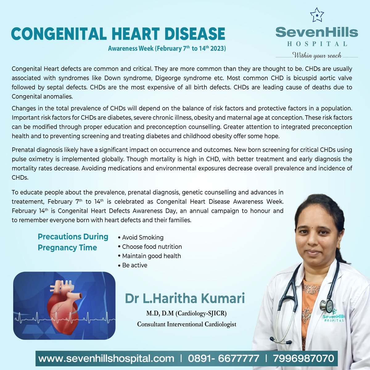 sevenhillsvizag's tweet image. Dr L.Haritha Kumari | Consultant Interventional Cardiologist Speaks about Congenital Heart Defect Awareness Week (February 7th to 14th)

For any queries please contact ☎☎☎ 0891-6677777 +91 7996987070

#carido #cardiology #cardiologist #congenitalheartdisease #CHDAwarenessWeek