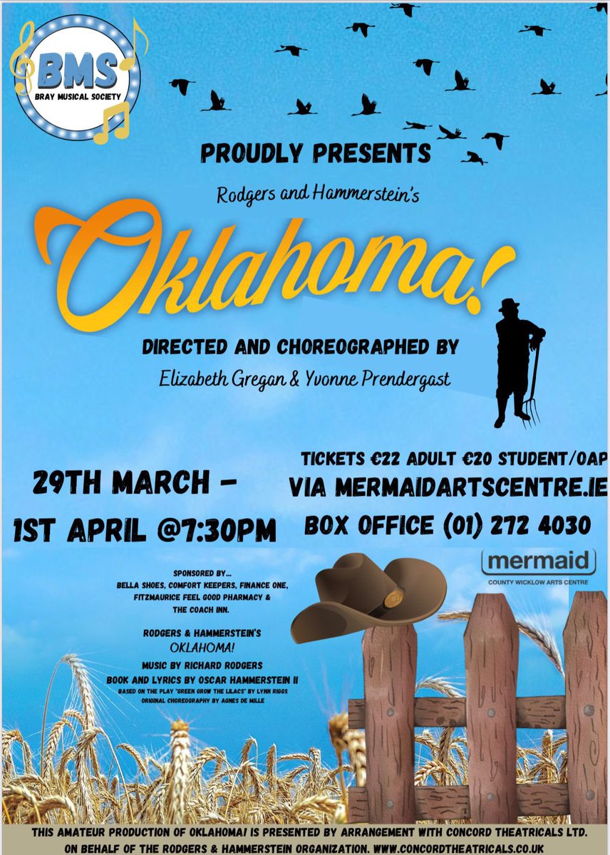 “Oh What a Beautiful Morning” for a MUSICAL! 
We are so excited to be bringing “OKLAHOMA!” to The Mermaid Arts Centre, Bray on March 29th to April 1st.  So, put on your cowboy boats, and head on over the Mermaid website to book your tickets…
mermaidartscentre.ie/whats-on/event…
🧑‍🌾🤠👩‍🌾💃