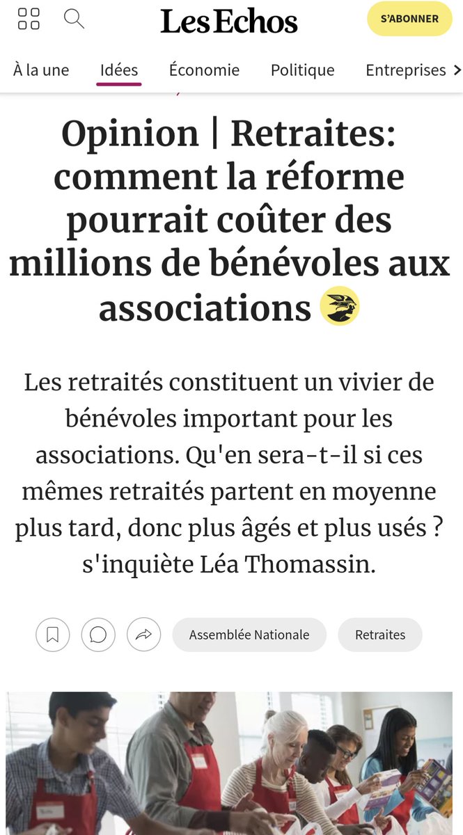 Lea_Thom's tweet photo. 📣 Pourquoi la réforme des retraites pourrait fragiliser encore le bénévolat 
Alors qu'1 retraité sur 3 choisit d'être bénévole dans une #association, le recul de l'âge de départ à la retraite risque de freiner l'engagement des séniors
Ma tribune à lire dans @LesEchos https://t.co/CxrajsRtoO