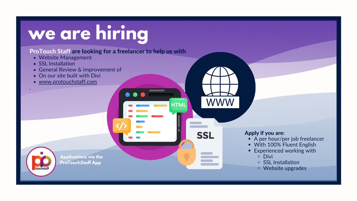 This time its ProTouchStaff hiring for ourselves!
We are looking for a freelancer to help upgrade our website - full details in the job post on the app
#freelancers #hiringalert #websitemanagement