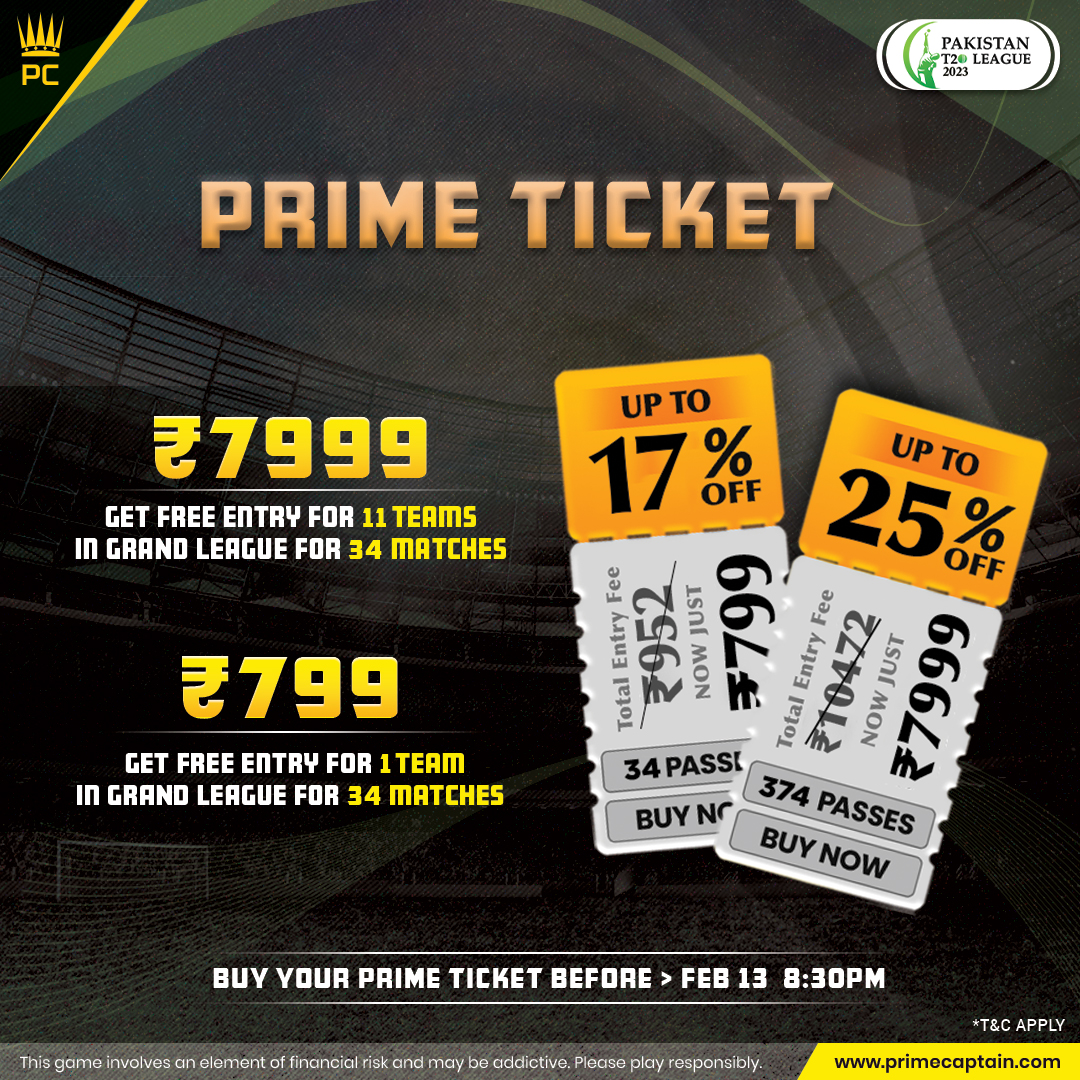 PrimeCaptain1's tweet photo. #PakistanT20League
Here is a #PrimeTicket for you to avail a discount on all match's grand leagues.🤩

Join the grand league &amp; top the #Leaderboard.
🤑BUY YOUR TICKET NOW!

✅More Details:- https://t.co/4xnlBR7GFz  

#PSL #PakistanSuperLeague #T20cricket #primecaptain
#PSL2023 https://t.co/cUpmOz8J92