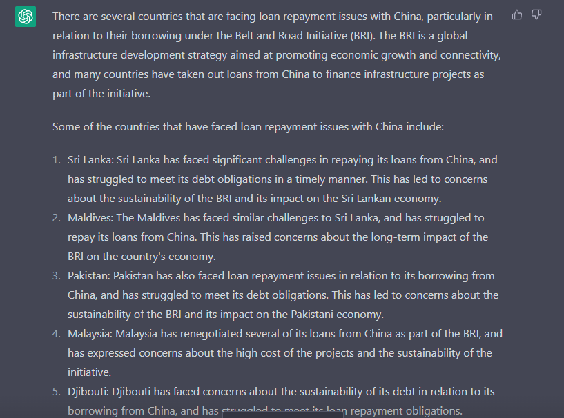 Tarangini_das47's tweet photo. countries facing issues of loan repayment to China according to #ChatGPT.
#Srilanka, #Maldives, #Pakistan, #Malaysia and #Djbouti
Though there are many more but the it listed 5 at the moment.
THese countries are #DebtTrapped by the dragon!! https://t.co/vGObNveKCl