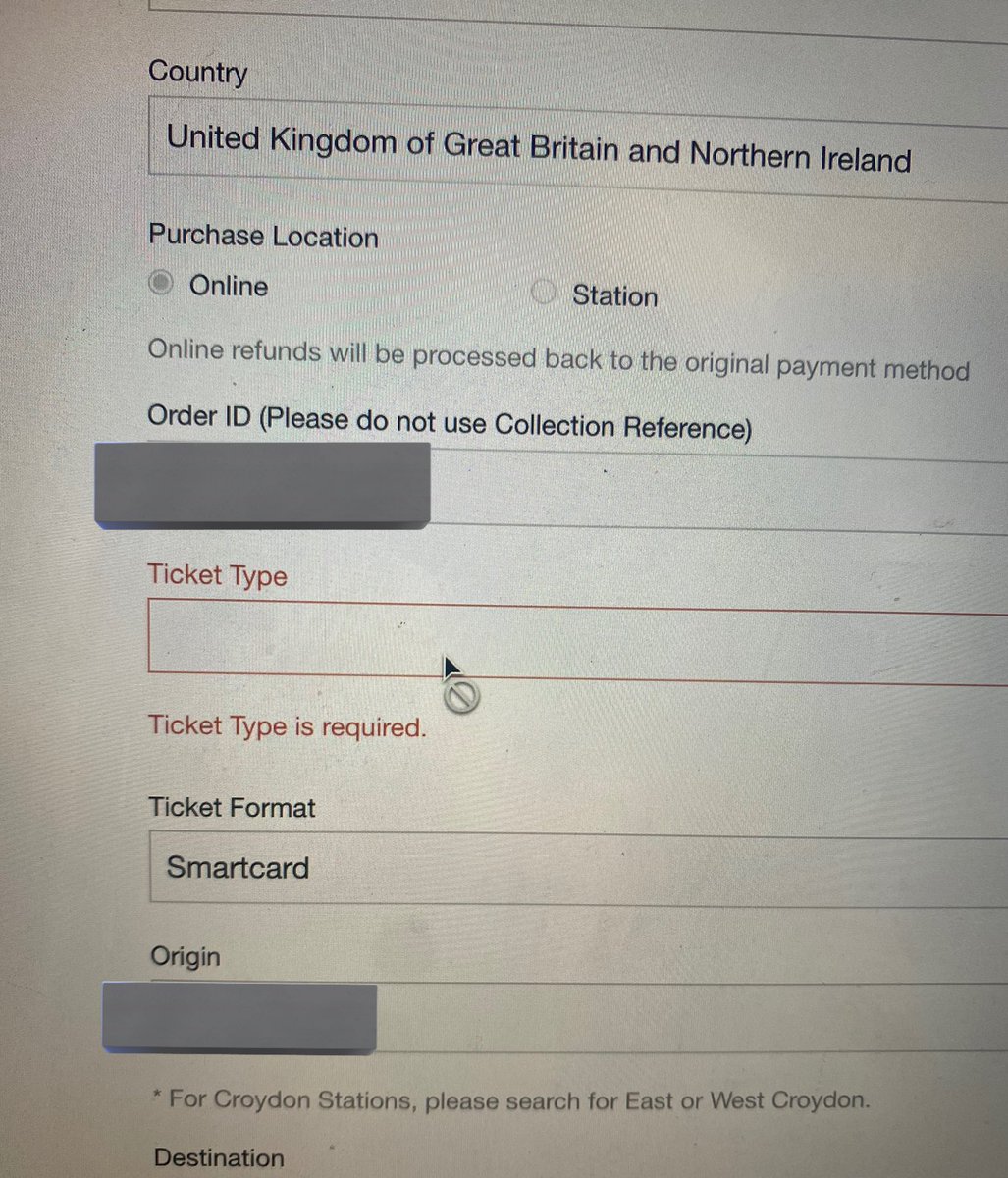 Ellaurelle's tweet photo. @SouthernRailUK your online refund form doesn’t work if you’ve bought a ticket online. It won’t allow anything to be entered into ticket type, and won’t let you proceed without this filled in 🤯 and you’re deducting £10 off the ticket when I couldn’t get to work on 2 strike days https://t.co/b2oXcrHdab
