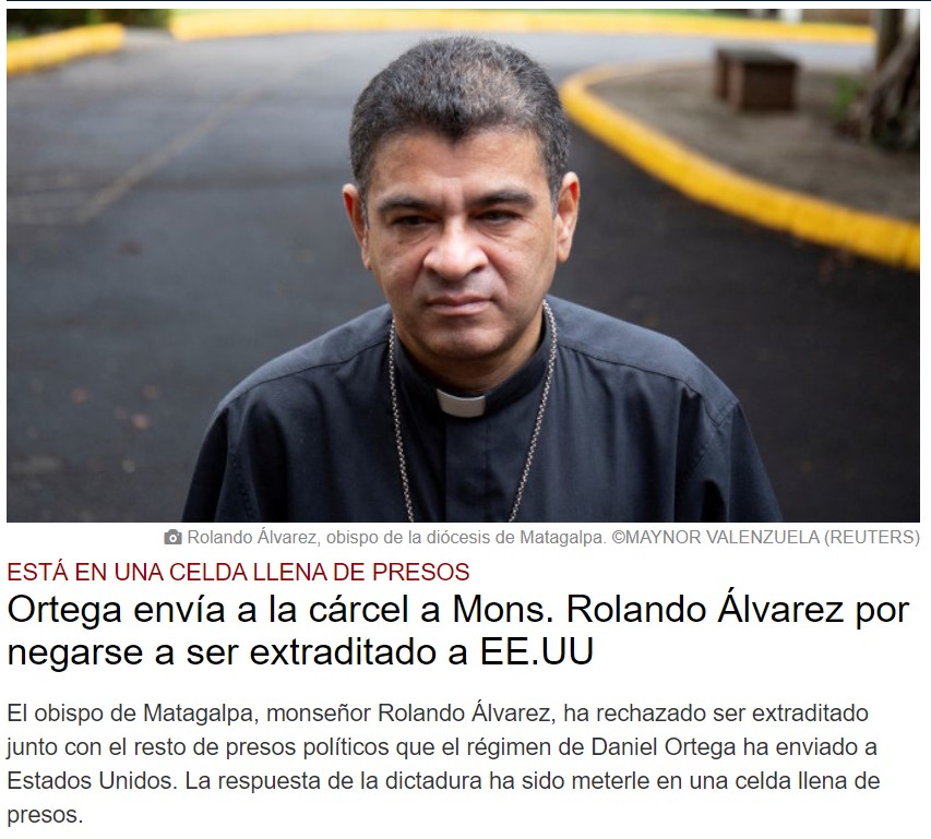Obispo condenado a 26 años de prisión y despojado de la nacionalidad nicaragüense  por "conspirar" contra el régimen marxista, prefiere compartir el sufrimiento de su pueblo en la cárcel, renunciando a vivir libre en Estados Unidos. 
¡Cristo abrazó la cruz por amor!
#Nicaragua