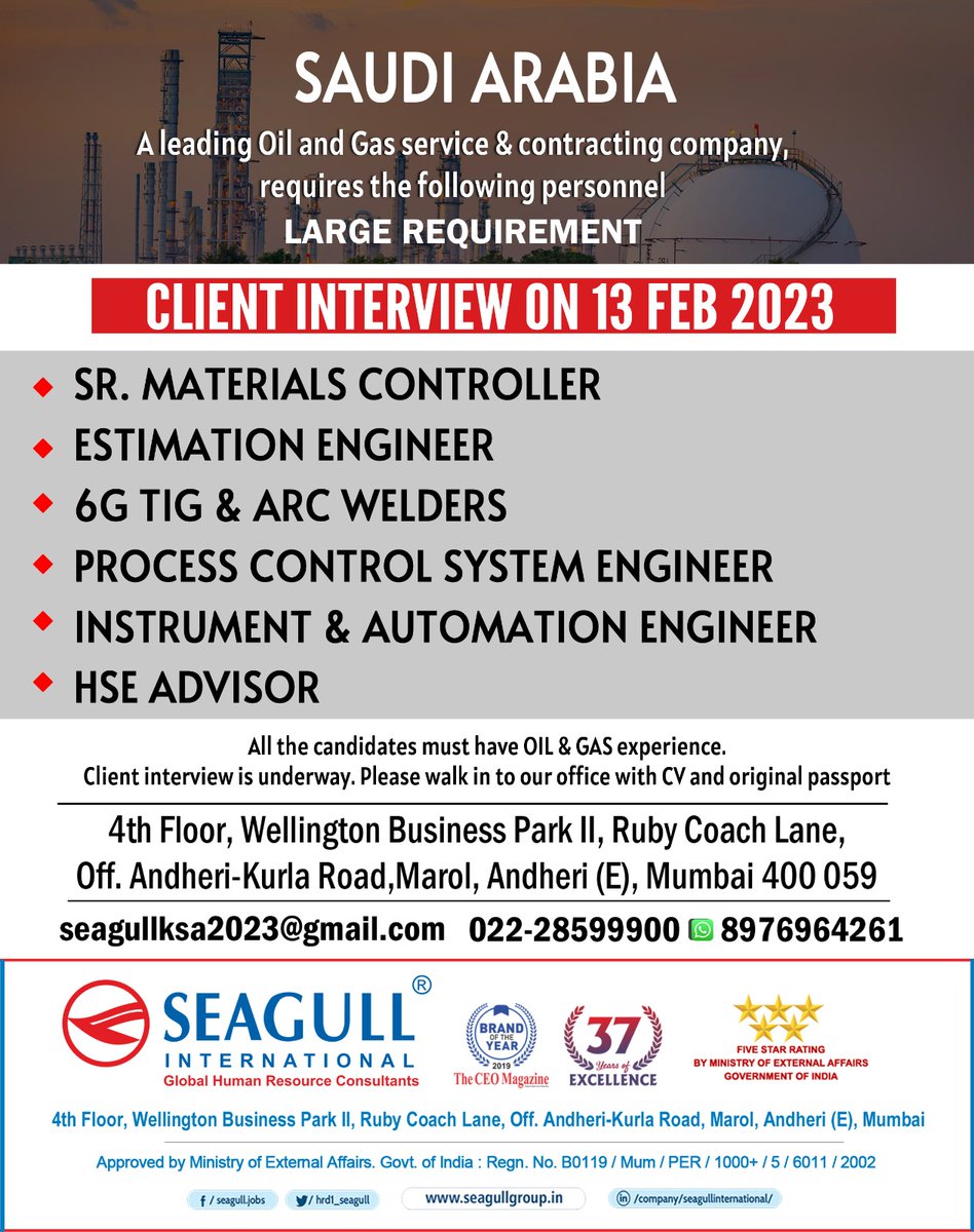 hrd1_seagull's tweet photo. SAUDI ARABIA Jobs.
.
.
.
#oilandgasjobs #gulfjobs #saudijobs #gulfjobs #saudiarabiajobs #supplychainmanager #senior #material #controller #estimationengineer #tigwelder #arcwelding #processcontrol #systemengineer #instrumentengineer #automationengineer #hse #advisor #mumbaijobs https://t.co/BPRrDa0IGq