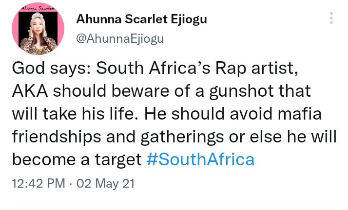 QueenAhunna's tweet photo. Sad Prophecy Fulfilled. #RIPAKA May his soul rest in peace #LagosForLP #So AKA #LISAxCelineWinter23 #polis #SouthAfrica #asker #Durban #Florida #Nigeria #Lagos https://t.co/J1JcsnZOBE